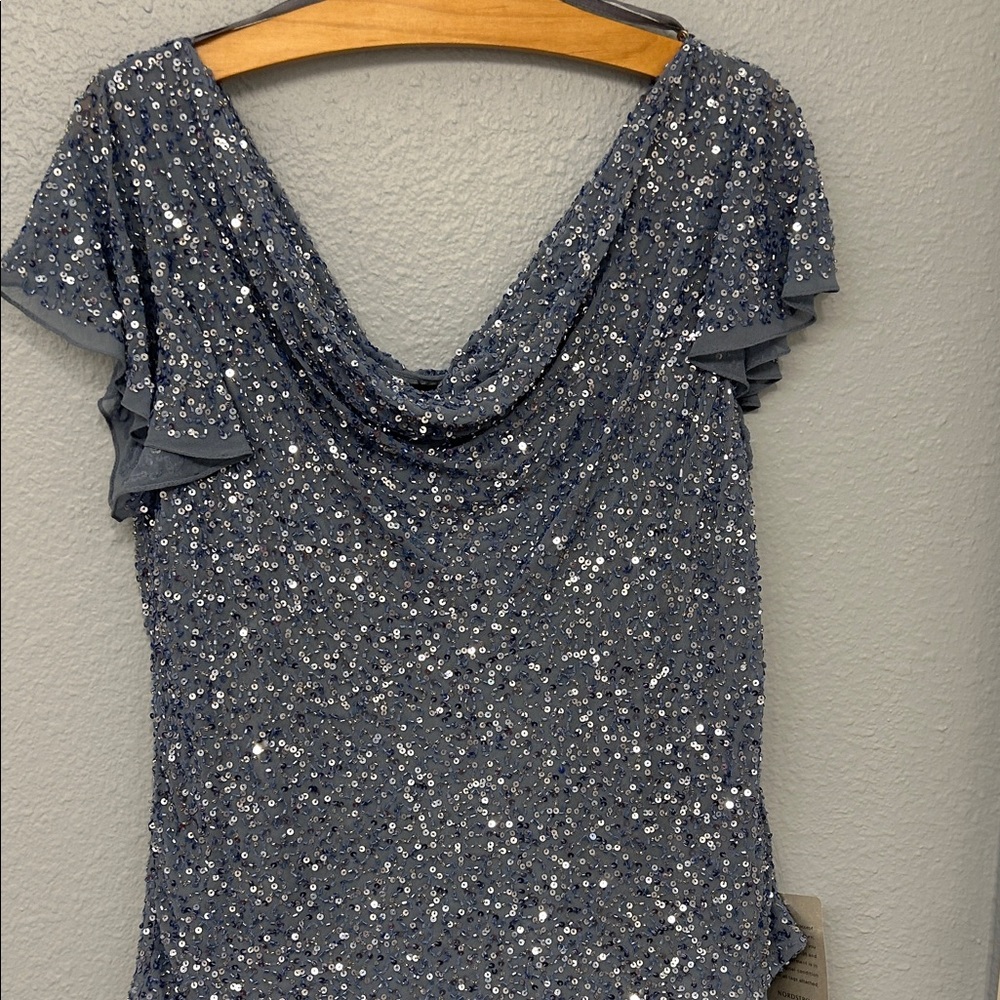 NWT Sparkling Silver Sequined Blue Dress by JKARA New York.